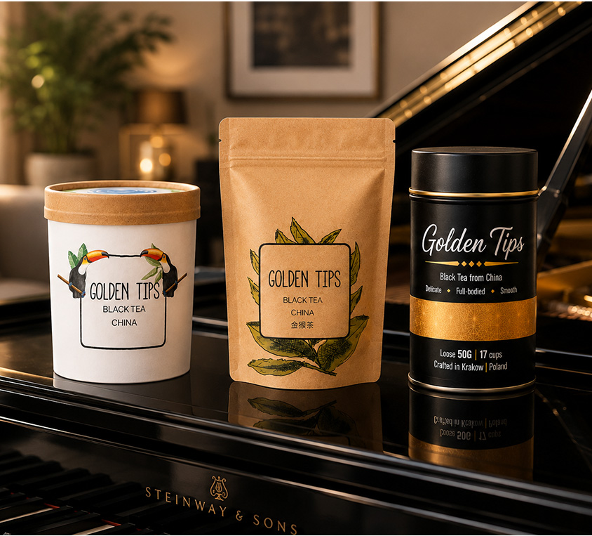 Golden Tips Leo Tea – elegancka puszka, doypack i kubek prezentowy